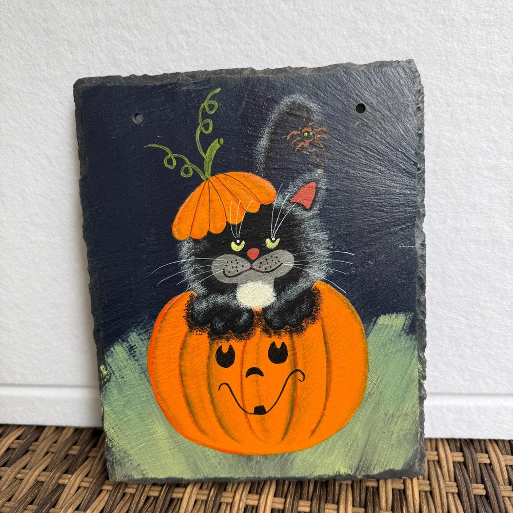 Vintage Halloween Hand Painted Slate Wall Hanging Black Cat Pumpkin Folk Art